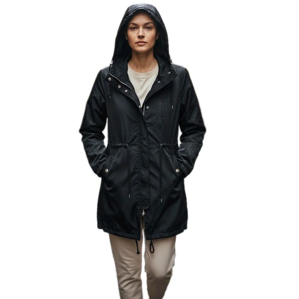 IRIS‎ Satin Trench Coat Jacket Hooded Sz M Black Whimsigoth Preppy Lightweight